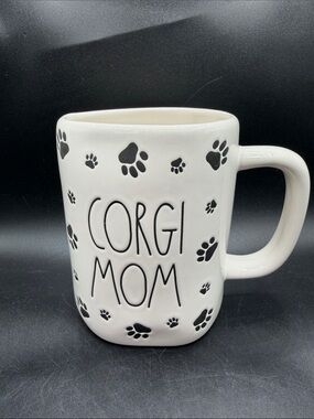 Rae Dunn White "Corgi Mom" Ceramic Mug with Black Paw Prints